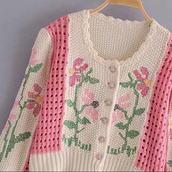 Floral cardigan pink sweater crochet style look knit cream beige - Picture 4 of 8